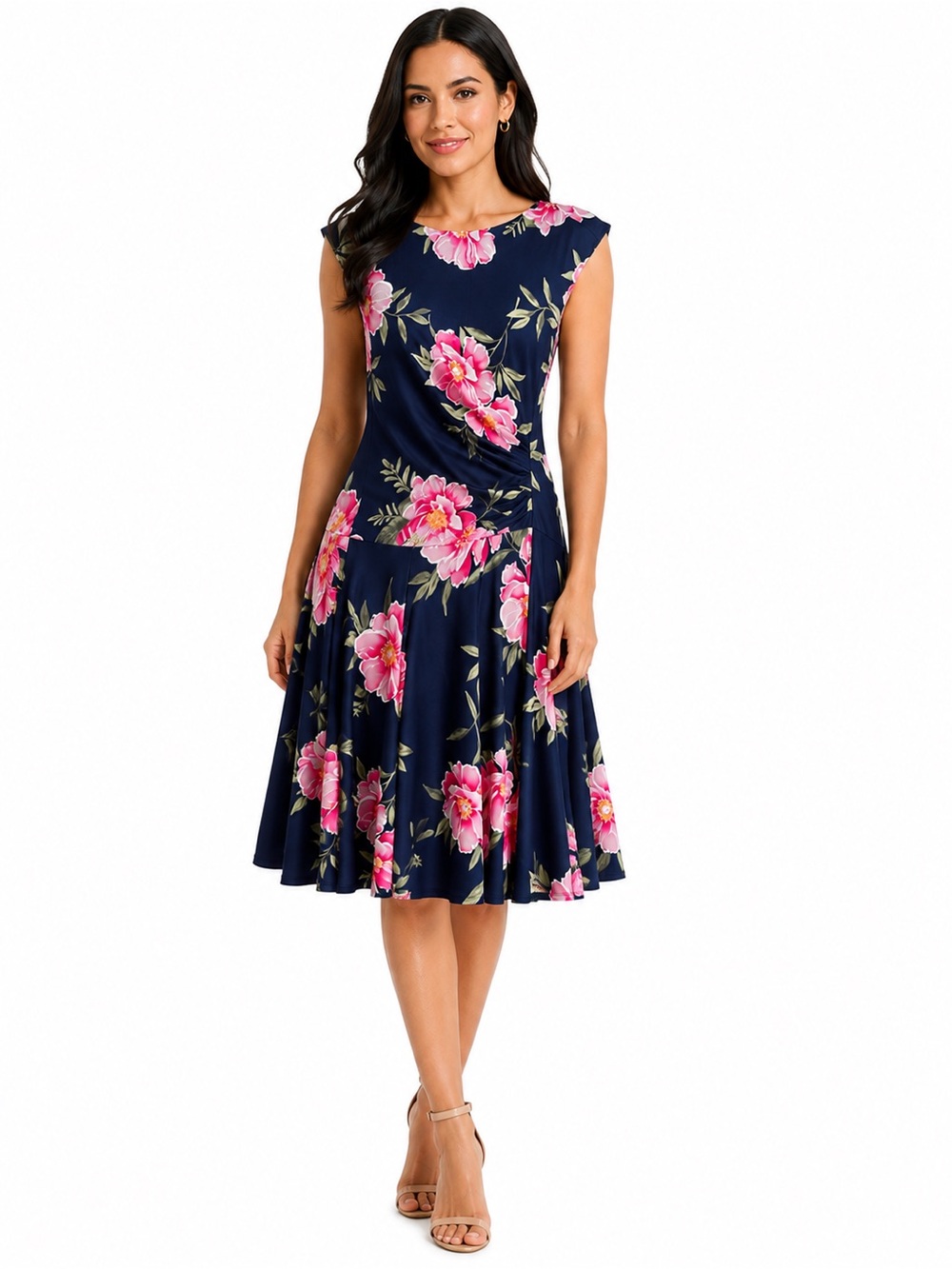 Shelby & Palmer Navy Midi Dress with Pink Floral Print